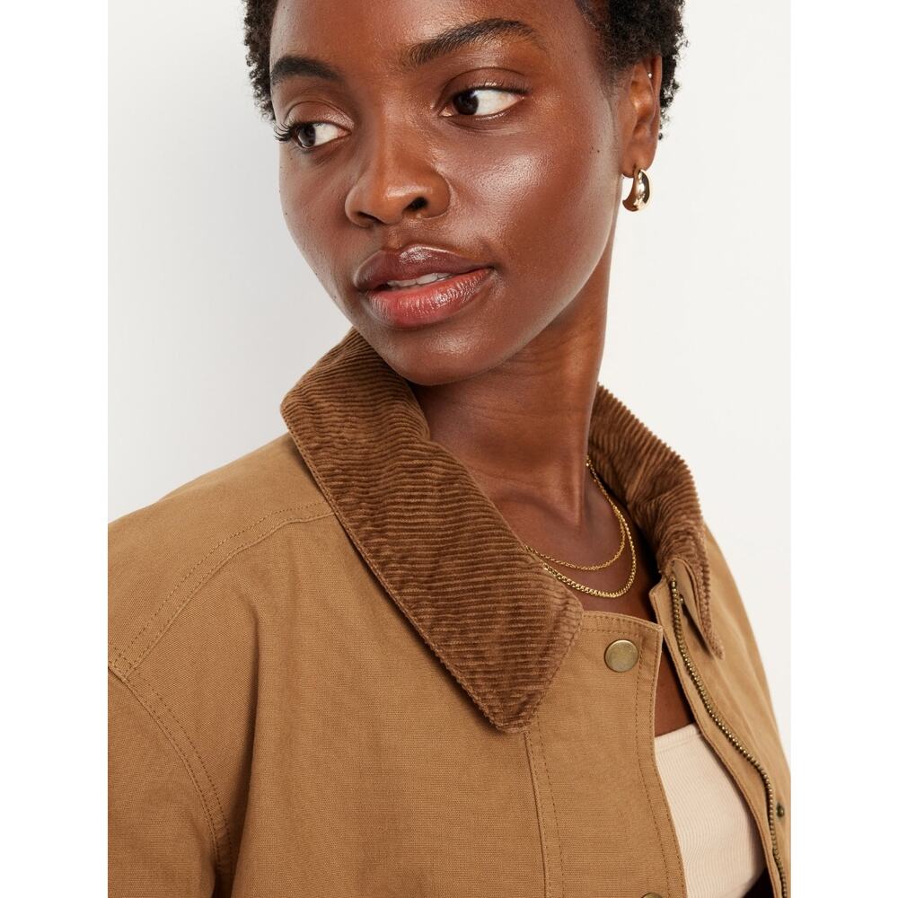 Old Navy Brown and Tan Corduroy Canvas Barn Chore Jacket Size XL 90s Preppy - Picture 5 of 8